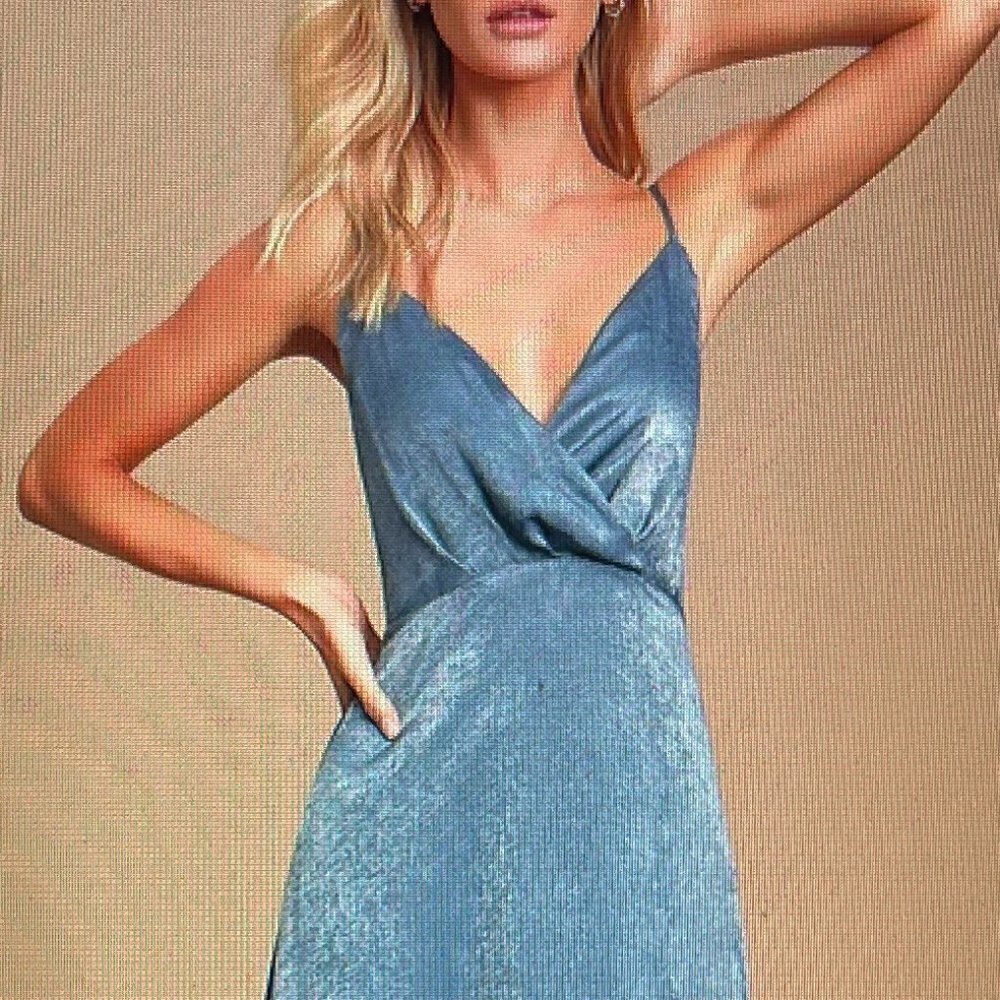 Lulu's Constantine Slate Blue Satin Maxi Dress Size M